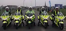 St John livered ambulance motorcycles parked at the blue start for Virgin London Marathon 2010