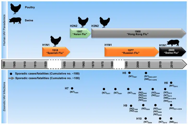 Timeline of flu pandemics and epidemics caused by influenza A virus