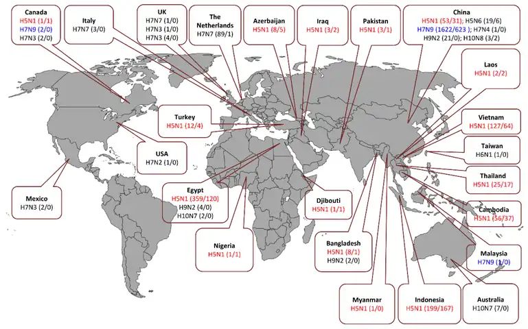 Human cases and fatalities caused by different influenza A virus subtypes