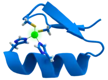 A twisted band, with one side painted blue and another gray. Its two ends are connected through some chemical species to a green atom (zinc).