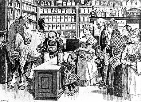 German caricature showing von Behring extracting the serum with a tap.