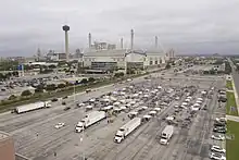 Aerial view of tents at a parking lot