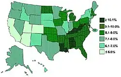 Percent of United States youth 4–17 ever diagnosed with ADHD as of 2003