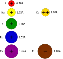 Seven spheres whose radii are proportional to the radii of mono-valent lithium, sodium, potassium, rubidium, cesium cations (0.76, 1.02, 1.38, 1.52, and 1.67 Å, respectively), divalent calcium cation (1.00 Å) and mono-valent chloride (1.81 Å).