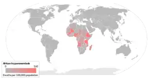 Deaths per 100,000 population due to African trypanosomiasis by country in 2002.