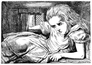 Illustration from Lewis Carroll's Alice's Adventures in Wonderland. Alice is positioned awkwardly with her weight supported partially by her left forearm, which rests on the floor and spans nearly half of the room's length. Her head is ducked beneath the low ceiling and her right arm reaches outside, resting on an open window's sill. The folds of Alice's dress occupy much of the remaining free space in the room.