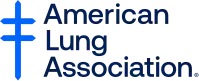 Three royal blue lines with beveled tips, forming a tall cross with two short horizontal bars. The horizontal bars intersect exactly at the midpoint of the vertical, and then half way above that. Beside the cross is the organization name, the American Lung Association