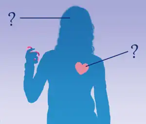 A silhouette drawing of a young autistic woman holding a fidget toy. Her heart and head are marked with question marks.