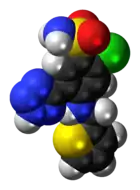 Space-filling model of the azosemide molecule