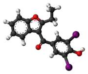Ball-and-stick model of the benziodarone molecule