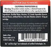 The ingredients in an e-cigarette cartridge: Distilled water, Nicotine, FCC Grade Vegetable Glycerin, Natural Flavors, Artificial Flavors, Citric Acid. Nicotine content 6–8 mg per cartridge.