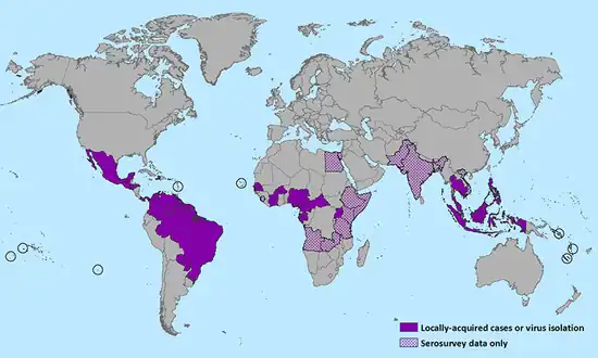 Countries that have past or current evidence of Zika transmission (as of January 2016)