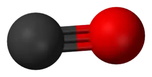 A carbon atom (shown as a grey ball) tripled bonded to an oxygen atom (shown as a red ball).