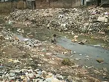Child defecating in the open in a canal in the slum of Gege in the city of Ibadan, Nigeria