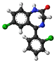 Ball-and-stick model of the delorazepam molecule