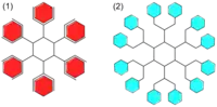 Chemical diagrams: one simpler and red, the other more complex and light blue