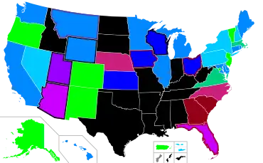 A state map of the United States color-coded for abortion access. A number of U.S. states in the center and especially south of the country have banned abortion apart from certain medical exceptions. In contrast, abortion is available on demand without a mandated time limit in Alaska, Colorado, Minnesota, New Jersey, New Mexico, Oregon, Vermont, and Washington D.C. Because the situation is changing rapidly, please see the article text for details.