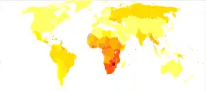 A map of the world where much of it is colored yellow or orange except for sub Saharan Africa which is colored red or dark red