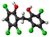 Ball-and-stick model of the hexachlorophene molecule