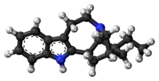 Ball-and-stick model of the ibogamine molecule