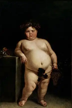 A nude painting of a dark-haired pink-cheeked obese girl leaning against a table: She is holding grapes and grape leaves in her left hand, which cover her genitalia.
