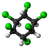 Ball-and-stick model of the lindane molecule (chair conformation)