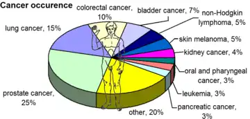 Most common cancers in US males, by occurrence