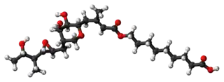 Ball-and-stick model of the pseudomonic acid A molecule, the principal component of mupirocin
