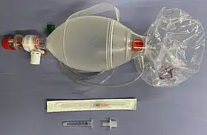 One possible set of equipment for a needle cricothyrotomy includes a bag valve mask, 3 ml syringe with the plunger removed, 7.0-mm adult endotracheal tube adapter, and 14-gauge angiocatheter.