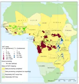 Geographic distribution of Human African trypanosomiasis cases reported from 2000–2009