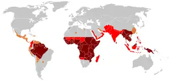Distribution of malaria in the world: