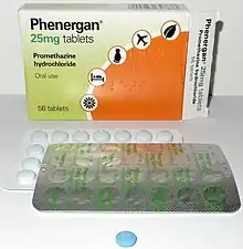 Photograph of a pack of 25mg 'Phenergan' brand promethazine tablets sold in the UK.