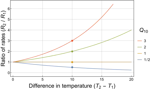 A plot of the temperature dependence of the rates of chemical reactions and various biological processes, for several different Q10 temperature coefficients.