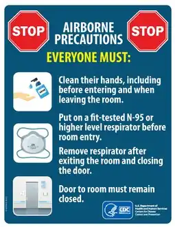 A poster outlining precautions for airborne transmission in healthcare settings. It is intended to be posted outside rooms of patients with an infection that can spread through airborne transmission.