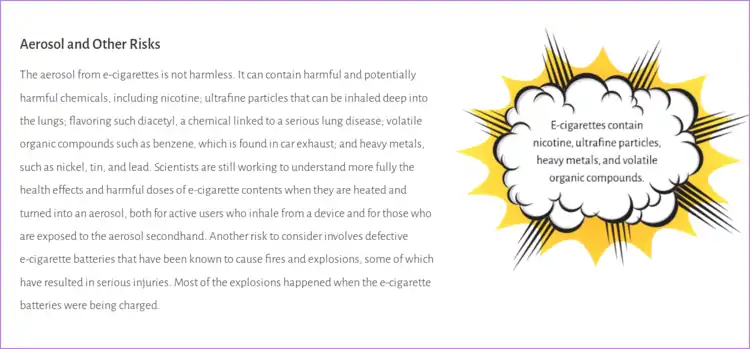 Graphic from the 2016 US Surgeon General's report entitled "Aerosol and Other Risks". Inside a drawing of an e-cigarette aerosol it states: "E-cigarettes contain nicotine, ultrafine particles, heavy metal, and volatile organic compounds." The accompanied text states, "The aerosol from e-cigarettes is not harmless. It can contain harmful and potentially harmful chemicals, including nicotine; ultrafine particles that can be inhaled deep into the lungs; flavoring such diacetyl, a chemical linked to a serious lung disease; volatile organic compounds such as benzene, which is found in car exhaust; and heavy metals, such as nickel, tin, and lead. Scientists are still working to understand more fully the health effects and harmful doses of e-cigarette contents when they are heated and turned into an aerosol, both for active users who inhale from a device and for those who are exposed to the aerosol secondhand. Another risk to consider involves defective e-cigarette batteries that have been known to cause fires and explosions, some of which have resulted in serious injuries. Most of the explosions happened when the e-cigarette batteries were being charged."