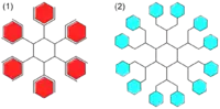 Chemical diagrams: one simpler and red, the other more complex and light blue