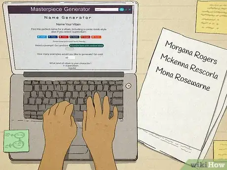 Image titled Person on a laptop typing into a name generator with potential villain names written on a piece of paper next to them.