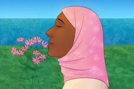 Image titled Woman in Hijab Smells Flowers.png