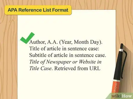 Image titled APA Reference List Format template written, beginning with the last name of the author.