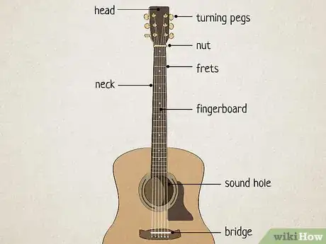 Image titled A guitar with the head, turning pegs, nut, frets, neck, fingerboard, sound hole and bridge labeled.
