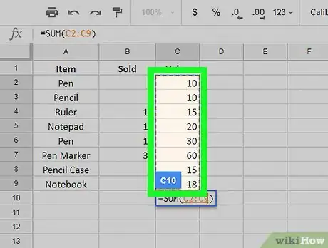 Image titled Total a Column on Google Sheets on PC or Mac Step 6