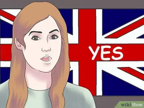 Image titled Woman standing in front of the flag of the United Kingdom saying "Yes."