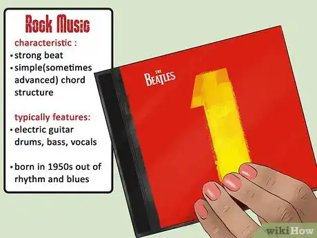 Image titled List outlining the characteristics and typical features of rock music next to a Beatles album.