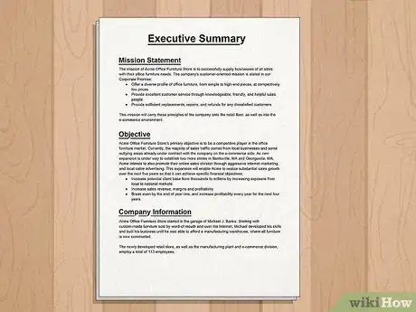 Image titled A typed executive summary outlining a business' mission statement, objective and company information.