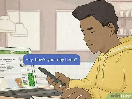 Image titled Man starting a texting conversation by sending a text reading "Hey, how's your day been?"