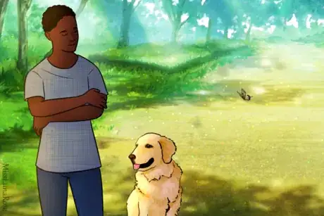 Image titled Person and Golden Retriever Take a Walk.png