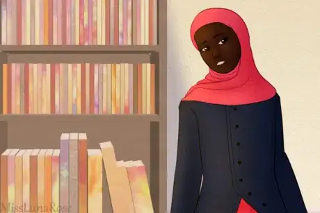 Image intitulée Thoughtful Hijabi Girl and Bookshelf.png