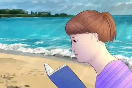 Image intitulée Girl with Down Syndrome Reads At Beach.png