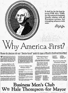 A newspaper clipping of an image of George Washington accompanied by the question "Why America First?" followed by paragraphs of text