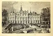 Print of La Granja palace and gardens in 1873.